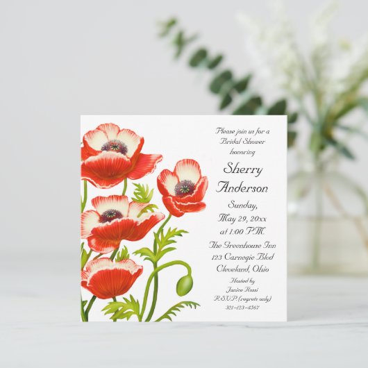 Picoteeの赤いケシによってはブライダルシャワーの招待状が開花します 招待状 (スタンド正面)