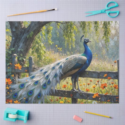 Piebald Peacock on Split rail fence 薄葉紙 (クラフト)