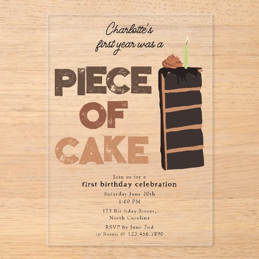 Piece of Cake Invite 1st  First Birthday Cute アクリル招待状 (正面)
