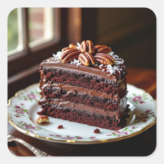 Piece of German Chocolate Cake on a Fancy Plate スクエアシール (正面)