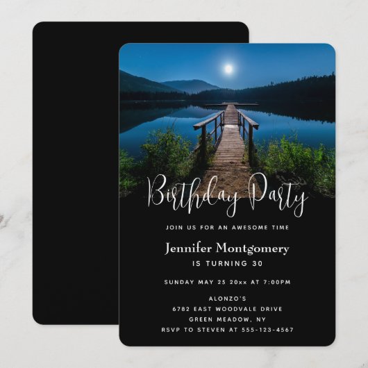 Pier at Night under a Full Moon誕生日 招待状 (正面/裏面)