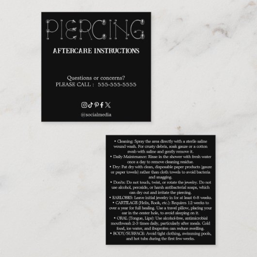 Piercing Aftercare Instructions Business Card スクエア名刺 (正面/裏面)