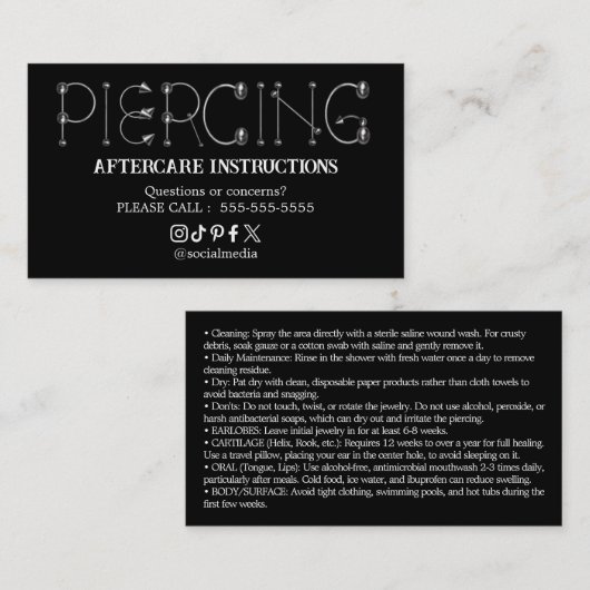 Piercing Aftercare Instructions Business Card 名刺 (正面/裏面)