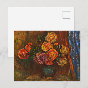 Pierre-Augusteルノアールによる青の前のバラ ポストカード