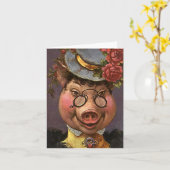 Pigヴィンテージのユーモア、間抜けでおよびおもしろいでビクトリアンな女性 カード (黄色い花)