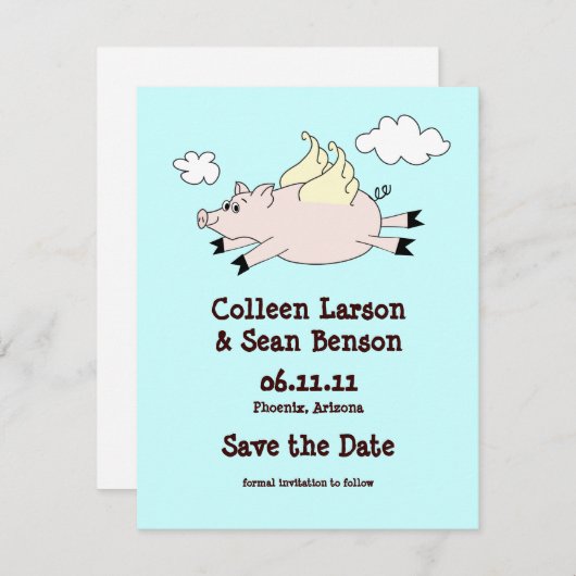 Pig飛んでいるが日付を保存、無地の戻る セーブザデート (正面/裏面)