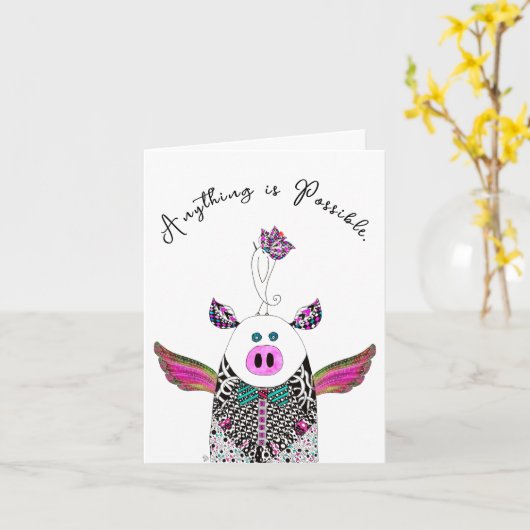Pig and Bird Anything is Possible Greeting Card カード (黄色い花)