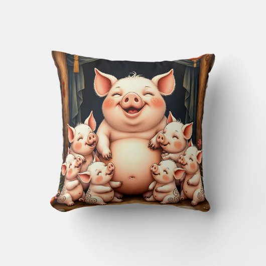Pig Art – Mother & Piglets クッション (正面)