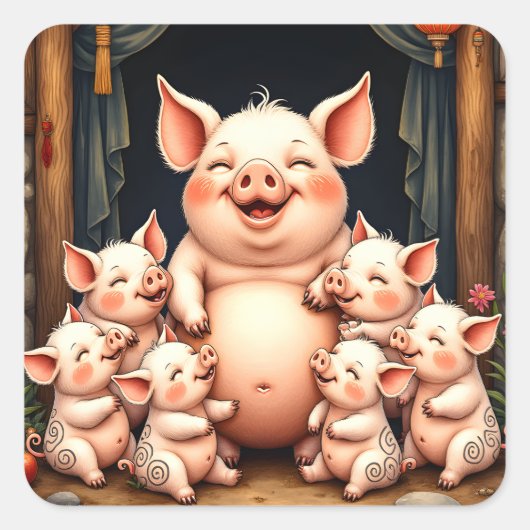  Pig Art – Mother & Piglets スクエアシール (正面)