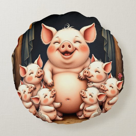 Pig Art – Mother & Piglets ラウンドクッション (裏面)