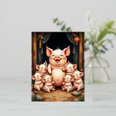 Pig Art – Mother & Piglets 箔招待状ポストカード (立ち正面)