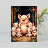 Pig Art – Mother & Piglets 箔招待状 (立ち正面)