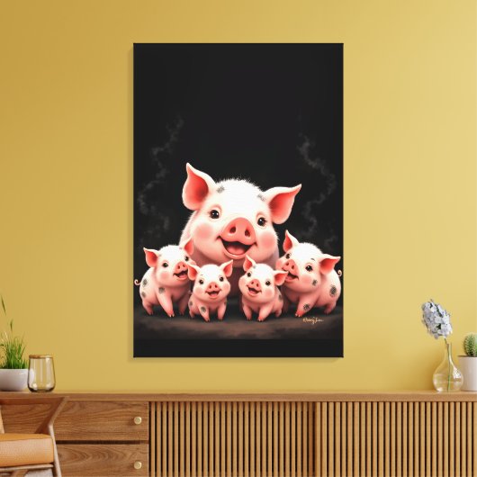 Pig Artwork – Mother Pig & Piglets キャンバスプリント (インサイチュ (リビング))