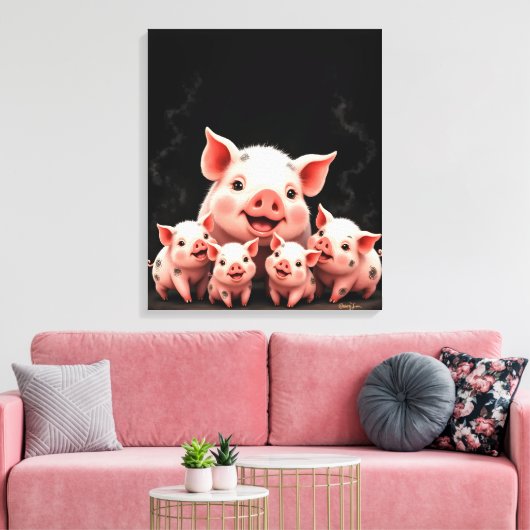 Pig Artwork – Mother Pig & Piglets キャンバスプリント (インサイチュ (リビング))