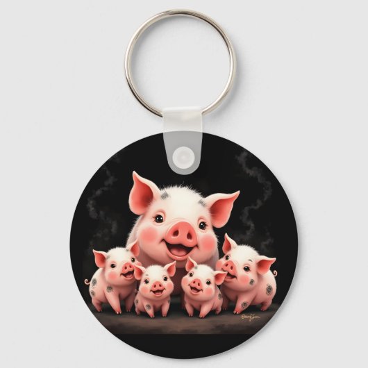 Pig Artwork – Mother Pig & Piglets キーホルダー (正面)