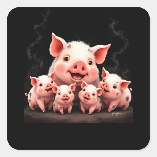 Pig Artwork – Mother Pig & Piglets スクエアシール (正面)