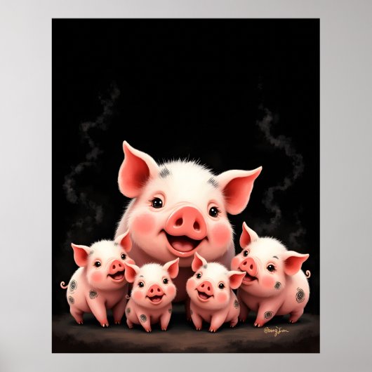 Pig Artwork – Mother Pig & Piglets ポスター (正面)
