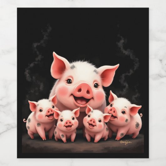 Pig Artwork – Mother Pig & Piglets ワインラベル (シングルラベル)