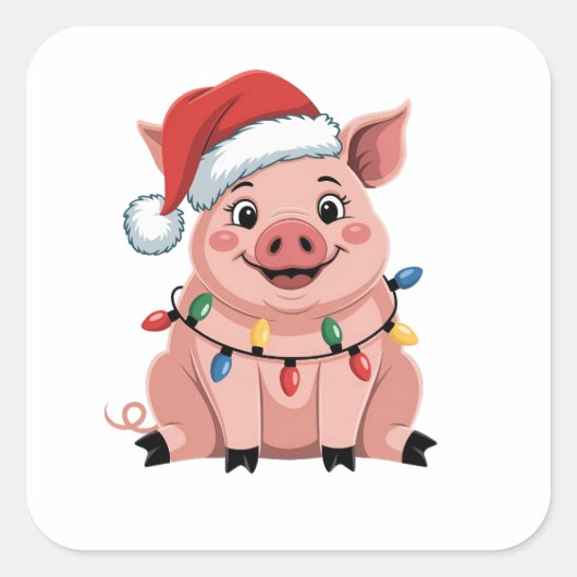 Pig Christmas Santa Hat Xmas Holiday Xmas Pigmass スクエアシール (正面)
