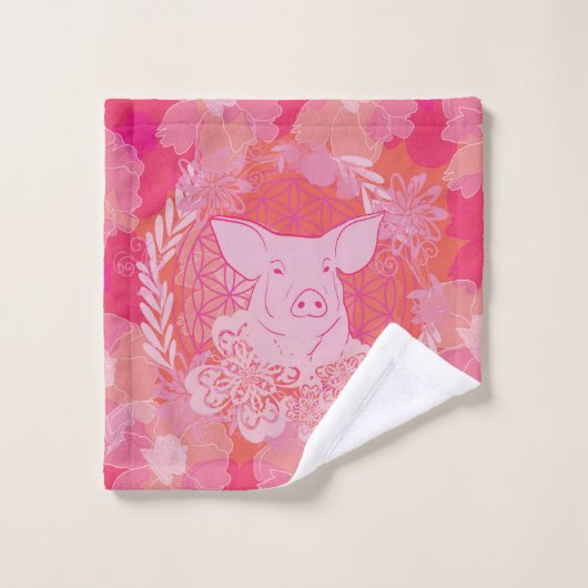 pig,flower of life, blue, mandala,zen,chakra,patt ウォッシュタオル (ウォッシュタオル)