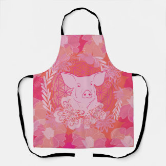 pig,flower of life, blue, mandala,zen,chakra,patt エプロン