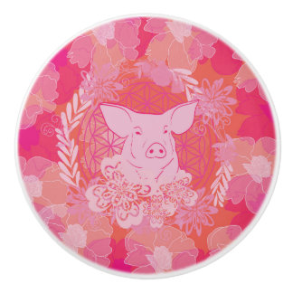 pig,flower of life, blue, mandala,zen,chakra,patt セラミックノブ