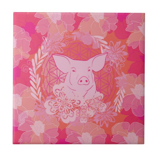 pig,flower of life, blue, mandala,zen,chakra,patt タイル (正面)