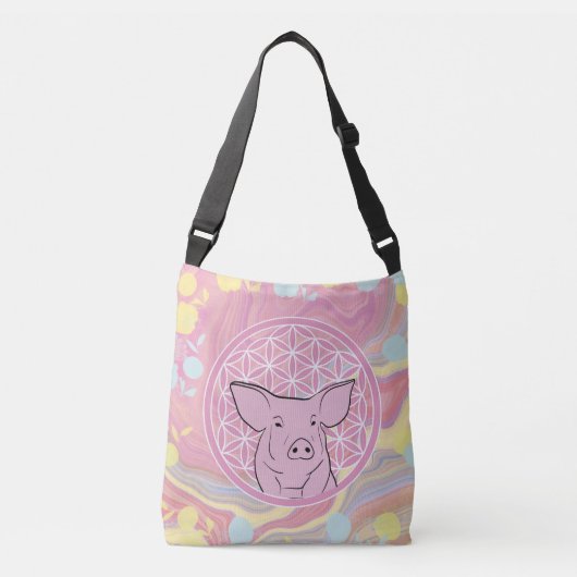 pig,flower of life, rose, mandala,zen,chakra, クロスボディバッグ (正面)