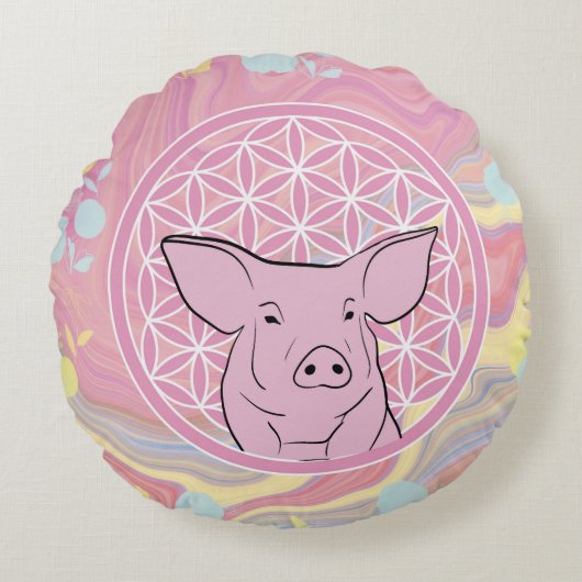 pig,flower of life, rose, mandala,zen,chakra, ラウンドクッション (正面)