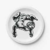 Pig Head Farm Animal Drawing in Black White ペーパープレート (正面)