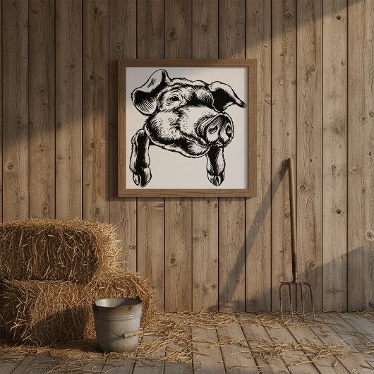 Pig Head Farm Animal Drawing in Black White ポスター