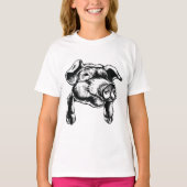 Pig Head Farm Animal Drawing in Black White Tシャツ (正面)