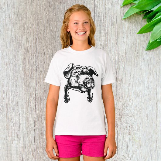 Pig Head Farm Animal Drawing in Black White Tシャツ