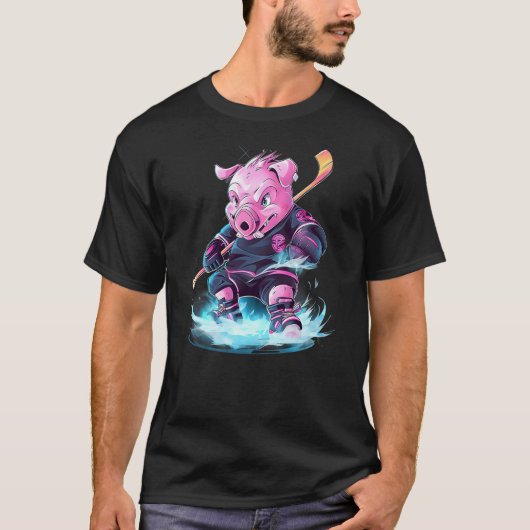 Pig Ice Hockey Player Hockey Stick Goalie Tシャツ (正面)