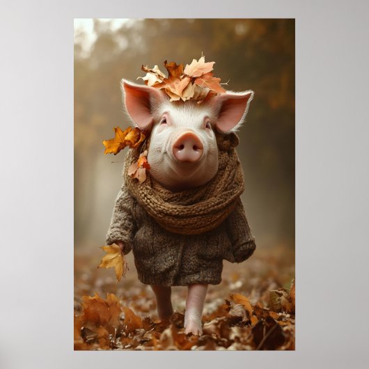 Pig in Fall Clothes Art Print, Rustic Autumn Home ポスター (正面)