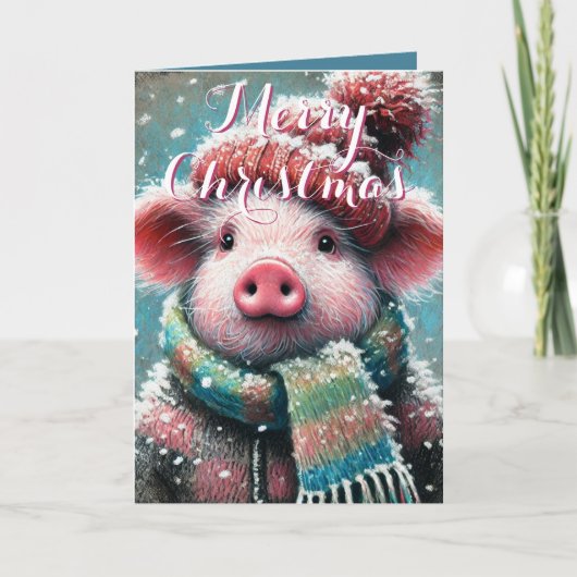 Pig in Scarf Snowflakes Personalized Christmas カード (正面)