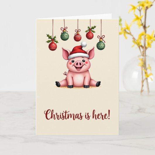 Pig Merry Christmas Animals Pigs Holiday Card カード (黄色い花)