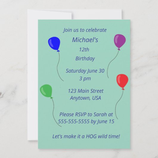 Pig Party Invitation – Mud Fun & Balloons 招待状 (裏面)