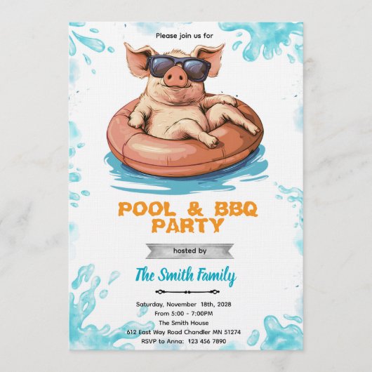 Pig Pool and bbq Party Invitation 招待状 (正面)