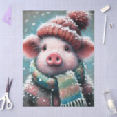 Pig Winter Hat Scarf Chalk-Pastel Decoupage 薄葉紙 (クラフト)