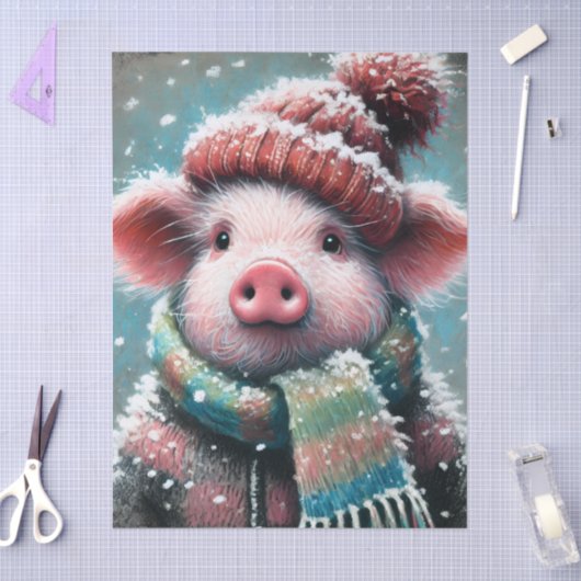 Pig Winter Hat Scarf Chalk-Pastel Decoupage 薄葉紙 (クラフト)