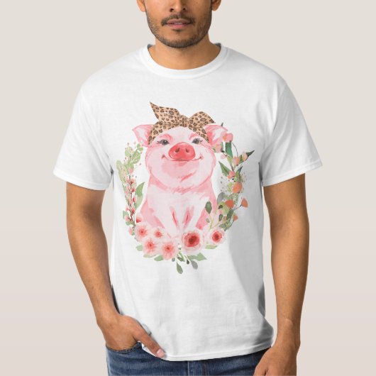 Pig With Leopard Headband Flower T Cute Pig Lover  Tシャツ (正面)
