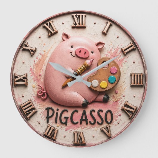 Pigcasso Funny Artist Pig ラージ壁時計 (正面)