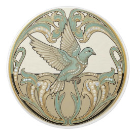 Pigeon Dove Sage Green & Gold Art Deco Nouveau セラミックノブ