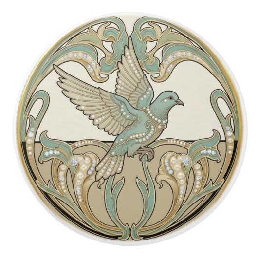Pigeon Dove Sage Green & Gold Art Deco Nouveau セラミックノブ (正面)