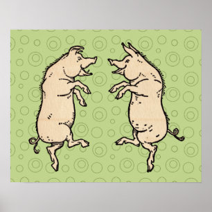 pigs dancing Antique piggy dance ポスター