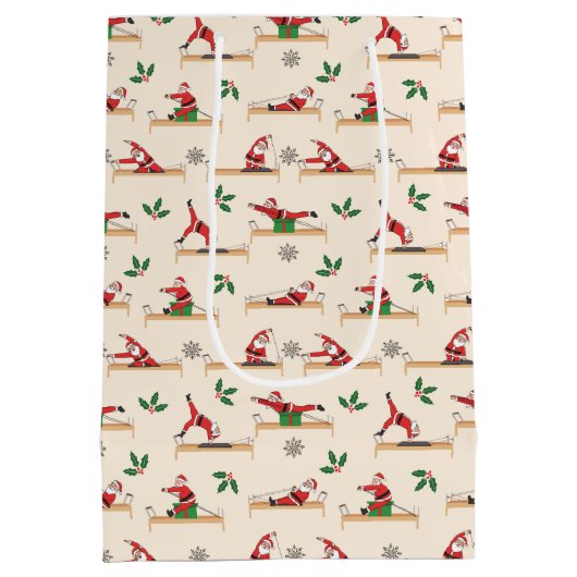 Pilates Santa Seamless Christmas Patterns ミディアムペーパーバッグ (裏面)