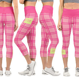 Pilates Yoga Pink Check Personalized Text カプリレギンス