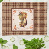 Pilgrim Girl on Plaid Thanksgiving キッチンタオル (折り畳み)
