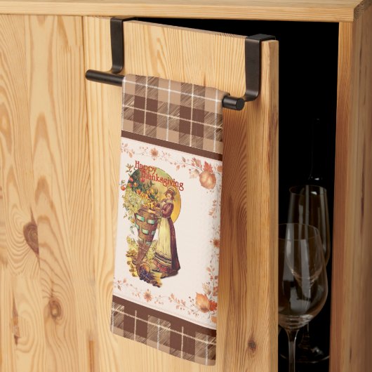 Pilgrim Girl on Plaid Thanksgiving キッチンタオル (三つ折り)